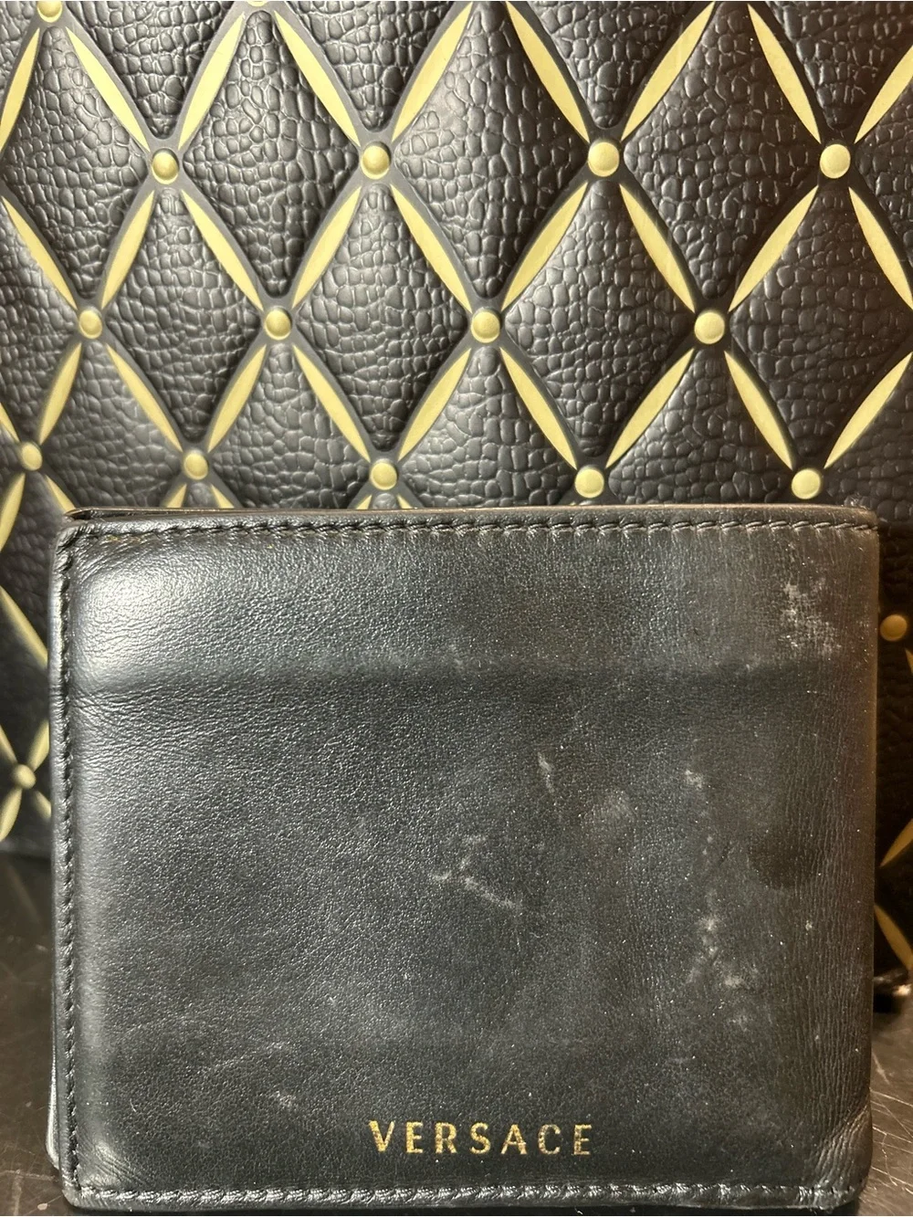 Versace Black Leather Wallet with Gold Medusa Studs